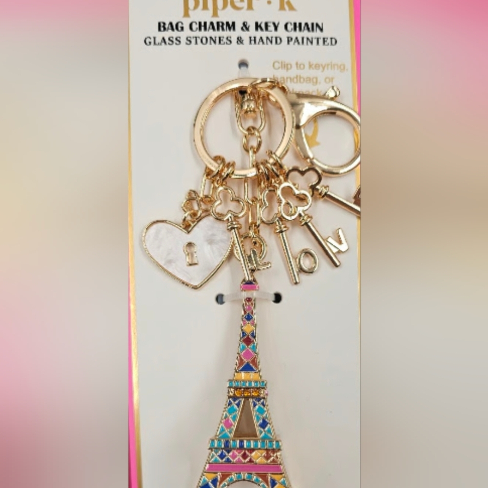 NWT Piper K “Parisian Daydream” Eiffel Tower Bag Charm Key Chain Love Lock